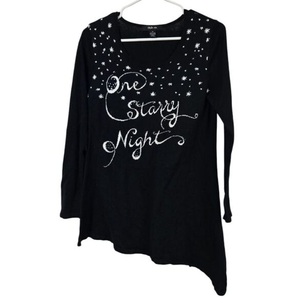 Womens Black Sweater Starry Night Embellished Script Snowflake Asymmetric Tunic - Picture 1 of 9
